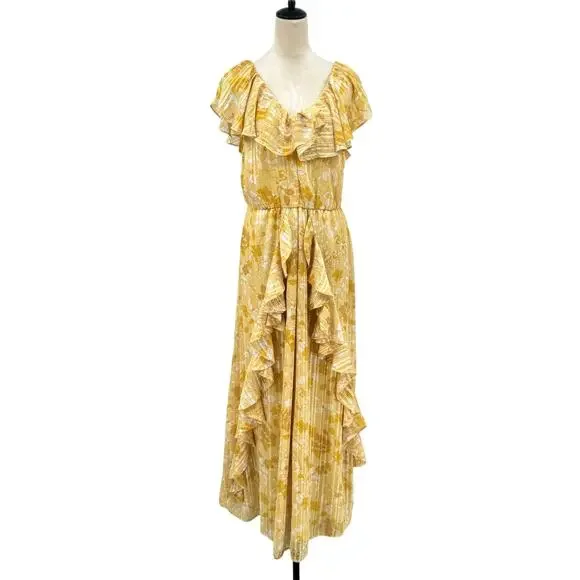 Eloquii Golden Yellow Floral Metallic Stripe Ruffle Sleeveless Maxi Dress - Picture 3 of 13
